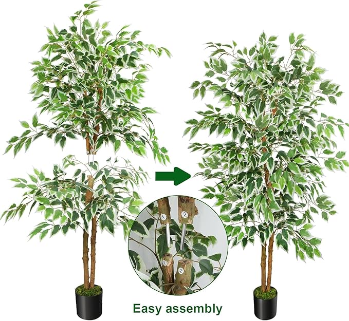GTIDEA 2 Pcs 5ft Ficus Artificial Trees, Tall Faux Trees with Natural Trunk, Fake Silk Tree Artificial Plants for Home Decor Indoor Living Room Outdoor Balcony House Office (Included Dried Moss)