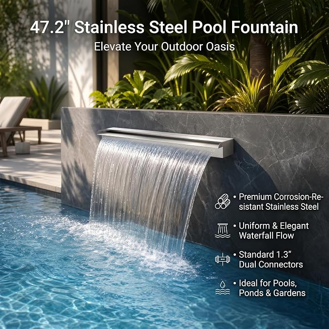 Stainless Steel Pool Fountain Waterfall Sheer Descent, 47.2 Inches Spillway for Swimming Pool, Outdoor Garden Pond, Patio & Backyard Water Feature Decoration(47.2")
