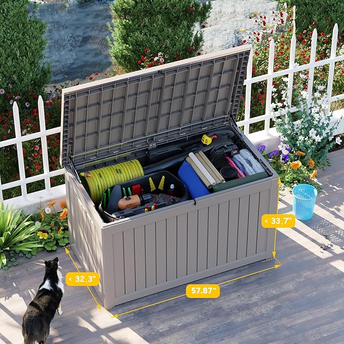 PatioZen 280 Gallon Resin Deck Box, Lockable Patio Outdoor Storage Box for Furniture, Garden Tools and Tools Storage, Waterproof Outside Storage Boxes - Grey