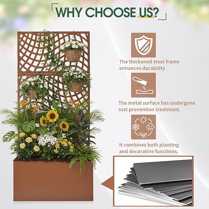 Outvita Metal Planter Box with Trellis, 71’’ x 32’’ x 16’’ Raised Garden Bed with Drainage Holes for Climbing Plants, Vegetables, Vines, Wavy Grid Cutout Privacy Planters for Patio (Brown)