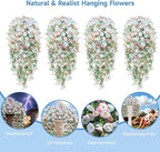 Artificial Hanging Flowers for Outdoors, 4 PCS 600 Blooms UV Resistant Morning Glory Faux Silk Vines, No-Odor Realistic Fake Plants for Garden Planter Porch Patio Decoration, Blue & White