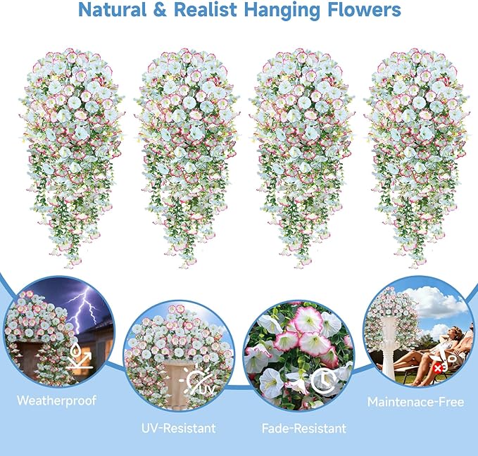 Artificial Hanging Flowers for Outdoors, 4 PCS 600 Blooms UV Resistant Morning Glory Faux Silk Vines, No-Odor Realistic Fake Plants for Garden Planter Porch Patio Decoration, Blue & White