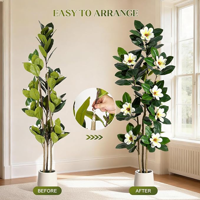 GarveeHome Faux Rubber Tree, 72 Inch Artificial Plants Indoor with Real Touch Leaves and Multi Trunks, Artificial Tree Fake Potted Plants with White Flowers for Home Decor Office Living Room
