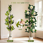GarveeHome Faux Rubber Tree, 72 Inch Artificial Plants Indoor with Real Touch Leaves and Multi Trunks, Artificial Tree Fake Potted Plants with White Flowers for Home Decor Office Living Room