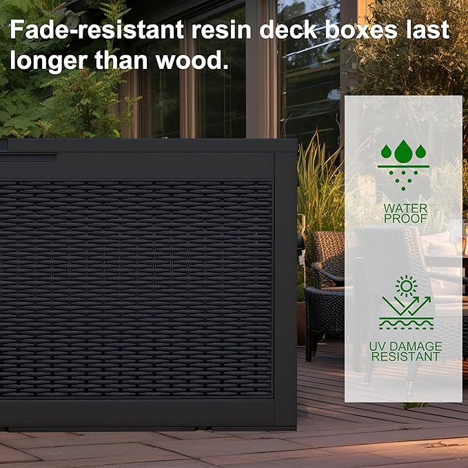 PatioZen 120 Gallon Resin Deck Box, Lockable Weatherproof Outdoor Storage Box for Furniture, Garden Tools and Tools Storage, Waterproof Outside Storage Boxes - Black