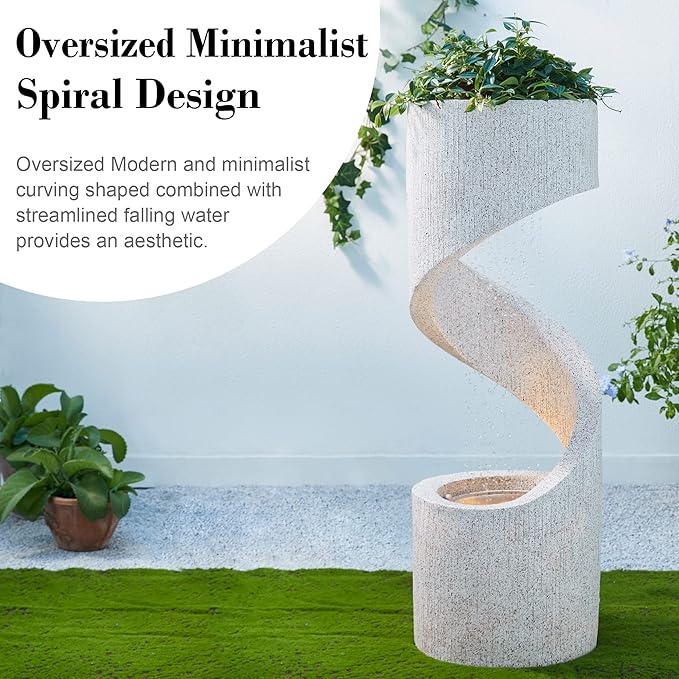 Glitzhome Outdoor Water Fountain with LED Light, Modren Curved Waterfall Fountain with Stone Planter, Faux Terrazzo Spiral Shaped Outdoor Fountains Water Feature for Garden Patio Deck Porch, 40.25”H