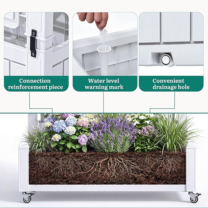 YITAHOME 42.5x14.2x61 in Planter Box with Trellis/Outdoor Privacy Screen, All-Weather Raised Garden Bed with Wheels & Drain Plug for Climbing Plants Flowers Herbs, White