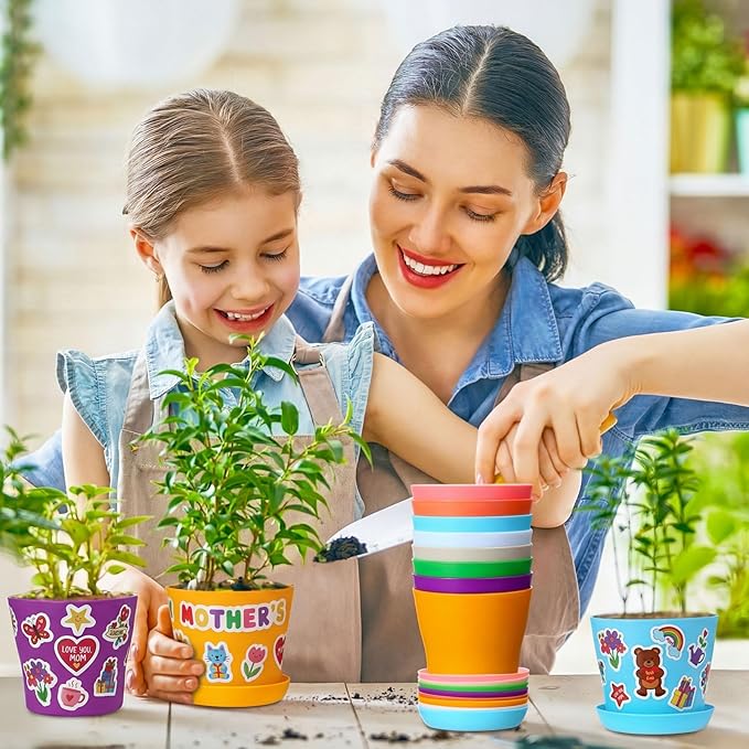 Domensi 30 Pack Garden Pot Craft Kit 4 Inch DIY Happy Mother's Day Crafts for Kids Bulk Small Plastic Flower Plant Pot Plastic Planter with Tray Drainage Holes with Tag, Certificate of Award, Sticker