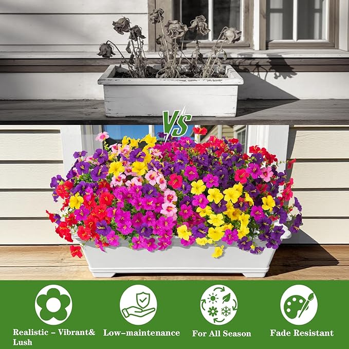 INQCMY Artificial Fake Petunias Flowers for Outdoors Spring Summer Decoration, 12 Bundles Faux Plants Outdoor UV Resistant Realistic Silk Flower for Outside Planters Patio Porch Yard Window Box