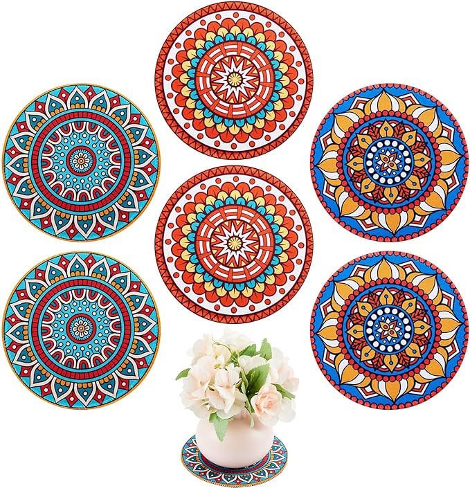 Nuanchu 6 Pieces Boho Plant Coasters 5.9 Inch Rubber Absorbent Non Slip Plant Pot Mats for Gardening Indoor Outdoor Round Bohemian Mandala Decorative Plants Saucers for Table Floor Protection Home