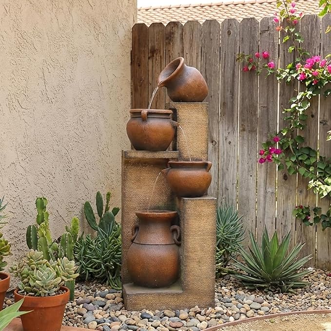 Bumilgar 53" H Large Outdoor Water Fountain with Lights - 4 Tiered Cascading Bowls Waterfall Fountain for Garden, Patio, Backyard, Porch Inside - Freestanding Outdoor Water Feature Gold