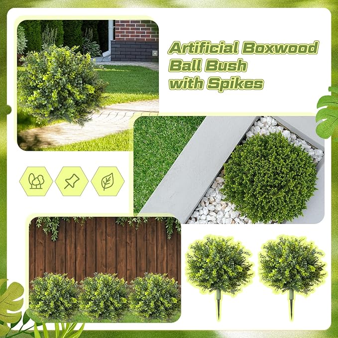CroBlissful 4 Pack Artificial Boxwood Topiary Ball 24'' Faux Boxwood Tree with Ground Spike UV Resistant Evergreen Bush Fake Outdoor Plants for Front Door Porch Garden Yard Wedding Indoor Decor