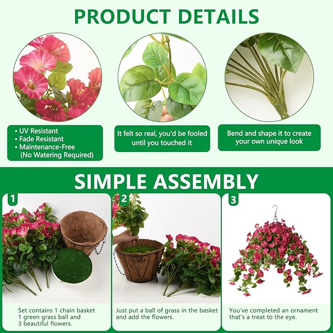 Homsunny Artificial Hanging Fake Flowers with Basket Plants for Outdoor Decoration, Faux Silk Flower UV Resistant Morning Glory for Home Porch Patio Garden Balcony Yard Look Real (Red)