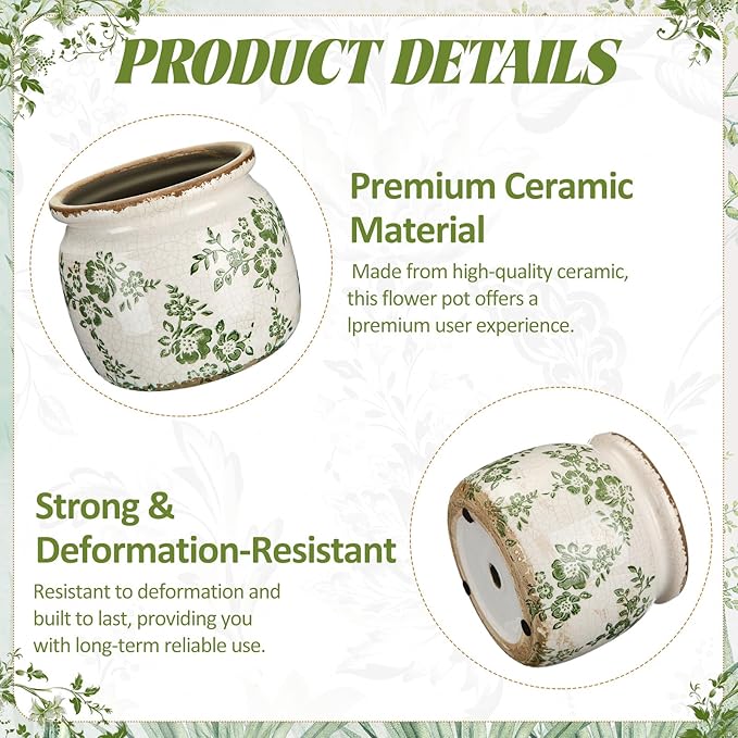 Vintage Planter Large Ceramic Plants Pot Green Beige Vintage Ditsy Ice Crack Cottage Scroll Vase Flower Vase Pot Indoor Plants Home Kitchen Decor Farmhouse Antique Decorative Gifts