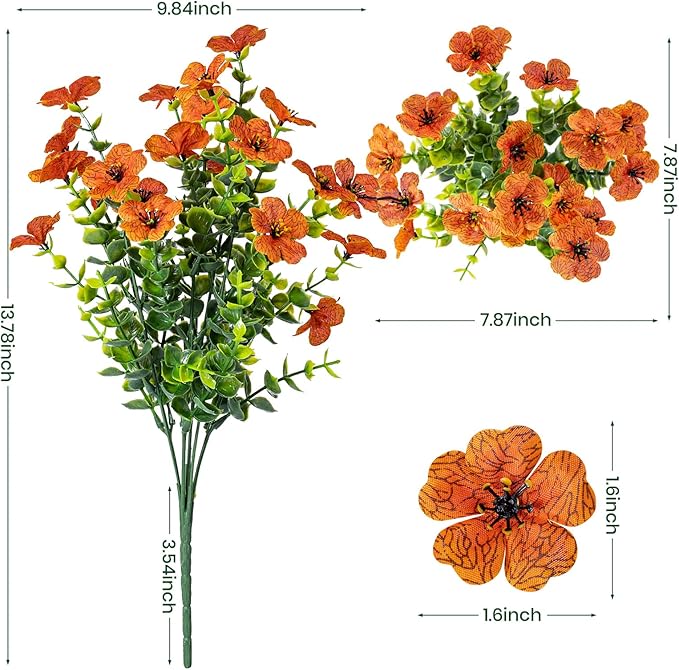Lnoicy 20 Bundles Artificial Flowers for Outdoor Fake Plants for Spring Decoration,Faux Eucalyptus Flowers for Planter UV Resistant Lifelike for Home Porch Garden（Orange）