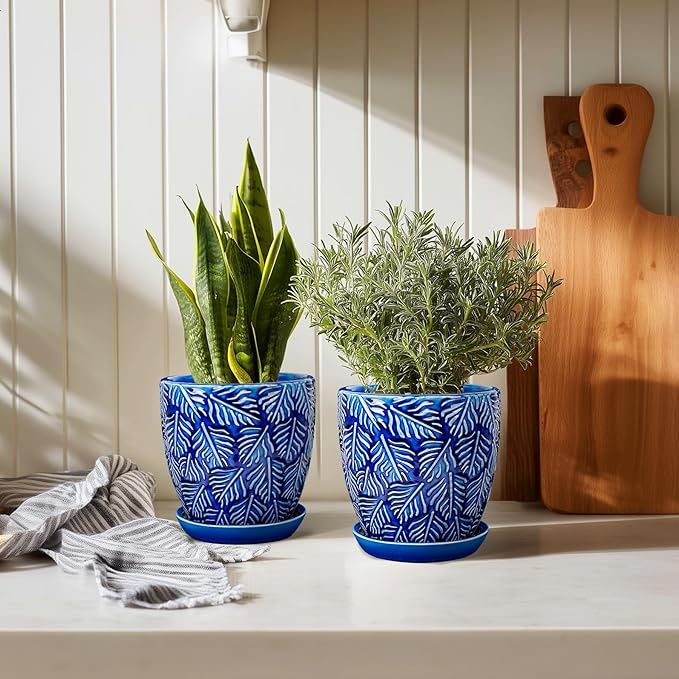 EFISPSS 6 Inch Plant Pots, Ceramic Plant Pots with Drainage Hole and Saucer, Indoor/Outdoor Flower Pots, Set of 2 - Blue