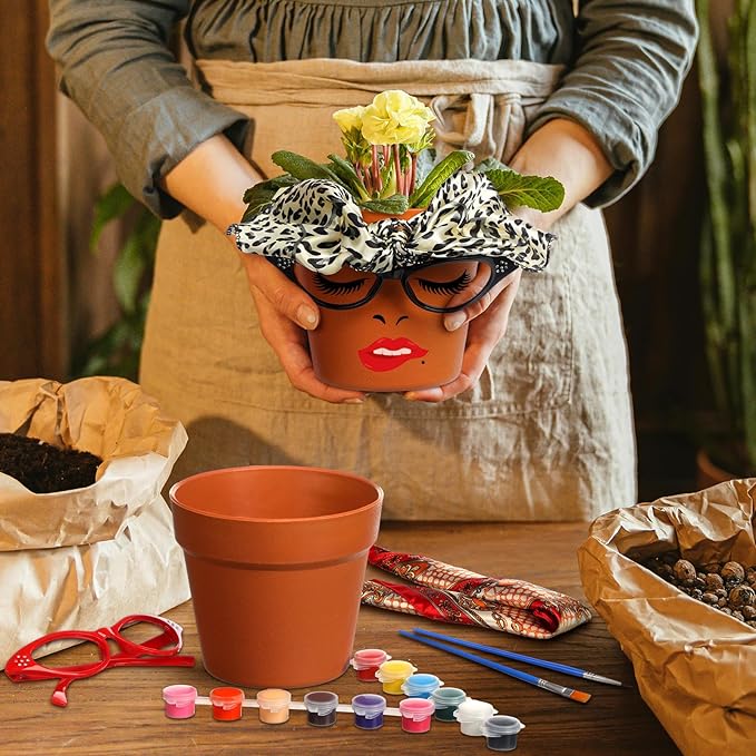 Sliner 6 Set Cute Face Flower Pot Head Planter Funny Plant Pots Painting Kit Include Glasses Silk Scarf Acrylic Paint Glasses Flower Sister Planter Easter Adults Art Painting Spring DIY Crafts
