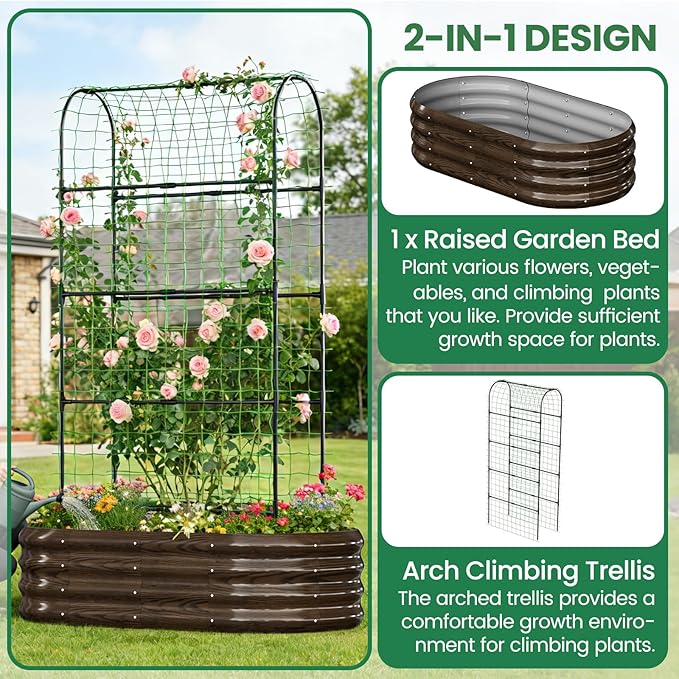 SUNYRISY Galvanized Raised Garden Bed with 71in Arch Trellis for Climbing Plants, Outdoor Planter Box with Climbing Net for Gardening Flowers Vegetables Fruits Herbs, Wood Grain