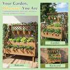 Raised Garden Bed with Trellis, 47''H Outdoor Flower Plant Stand with Two Planting Areas, Top Shelf, Liner, Elevated Garden Beds for Climbing Plants, Herb, Gift for Gardening, Brown