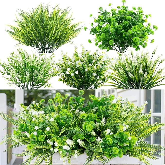 14 Bundles 5 Styles Fake Plants UV Resistant Artificial Outdoor Plant Boston Fern Lavender Plastic Flowers Greenery Shrubs for Outside Front Porch Balcony Patio Garden Home Decor