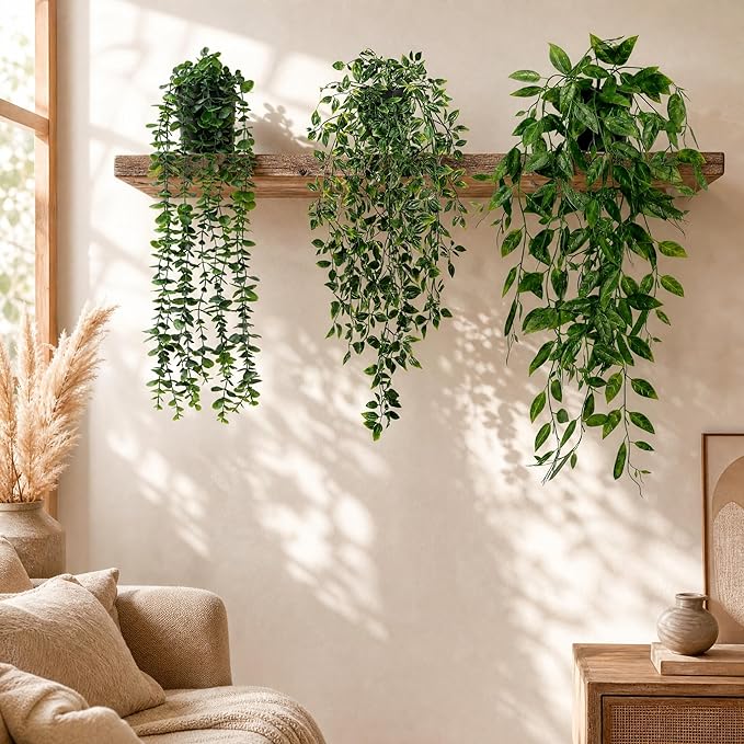 HIHADUUM 3PCS Artificial Hanging Plants with Pots, Faux Hanging Plants Indoor Outdoor, Fake Eucalyptus Vine Plants for Wall Shelf Bathroom Bedroom Living Room Balcony Home Decor