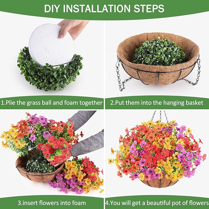 2 Set Artificial Flowers Hanging Plants in Basket,Artificial Hanging Flowers for Outdoor Indoor Decor,UV Resistant hanging Baskets with Fake Flowers for Spring Summer Patio Garden Porch Deck Decor