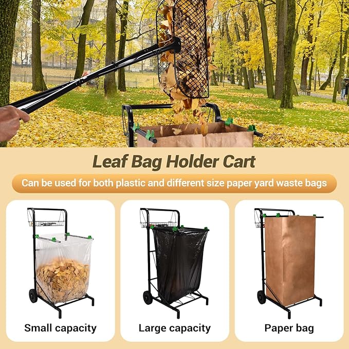 CAROD Extra Leaf Grabber Rake with Leaf Bag Cart Combo, Lightweight Metal Leaves Rakes, Leaf Collector for Gardening, Leaf and Grass Picker Upper, Efficient and Labor-Saving No Bending Over