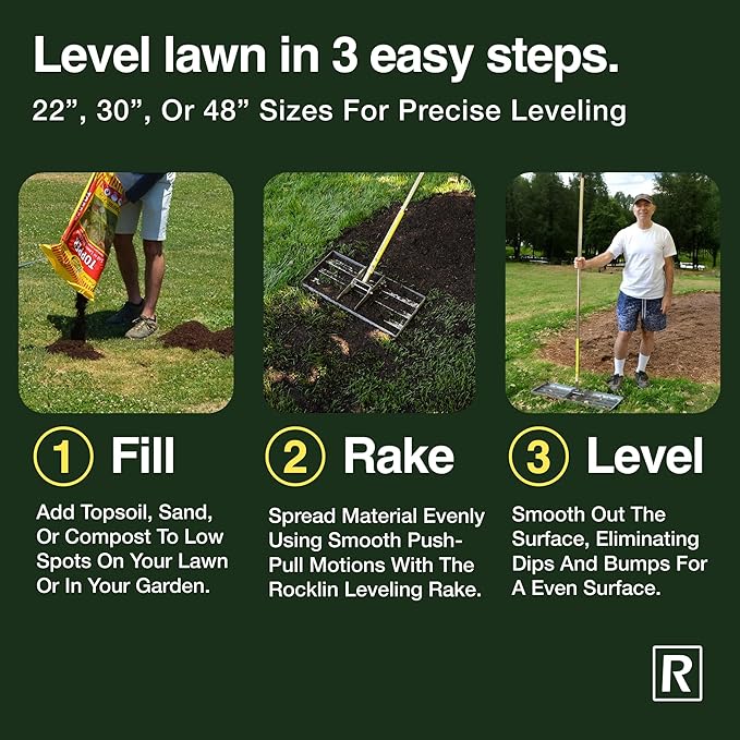 Rocklin™ Lawn Leveling Rake – 22” x 10” Stainless Steel Leveling Tool with 78” Handle | Smooth & Level Soil, Sand or Grass | Durable Leveling Tool for Lawn, Yard and Garden