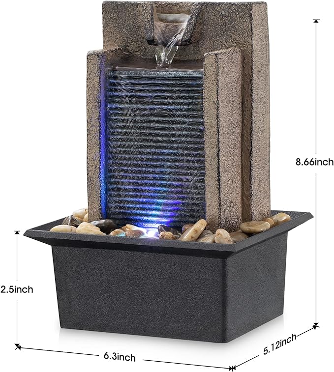 Amootek Tabletop Fountain Relaxing Tabletop Waterfall Fountain with Natural River Rocks & Color-Changing LED Lights - Indoor Zen Office/Home Decor Water Feature, 6.3"x 5.12"x 8.66"