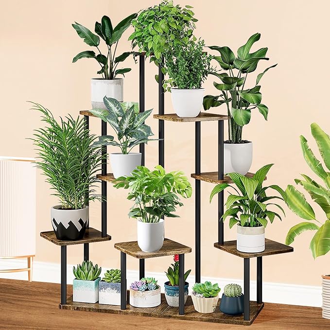9 Tier Plant Stand Indoor, Thickened Metal Wood Corner Plant Shelf Stands for Multiple Plants, Indoor Tall Plants Stand Tiered Flower Holder for Living Room Patio Garden Balcony(Black+Brown)
