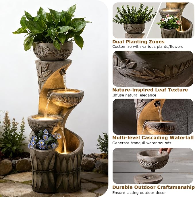 4 Tiered Water Fountain Outdoor, 35.6" Tall Cascading Bowl Leaf Carved Outdoor Waterfall Fountains Modern Water Feature with Dual Planters for Garden, Patio,Deck, Yard, Indoor Decor
