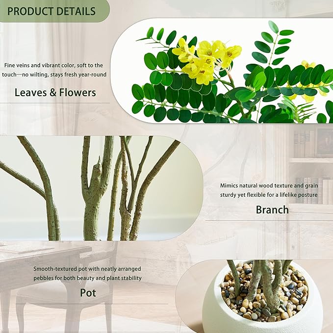 Artificial Mahonia Fortunei Tree - 6FT Artificial Plants Indoor, Fake Floor Plant with White Planter, Tall Sumac Faux Plants for Decor Indoor Home Sala Office Hotel Patio Studio (Yellow)