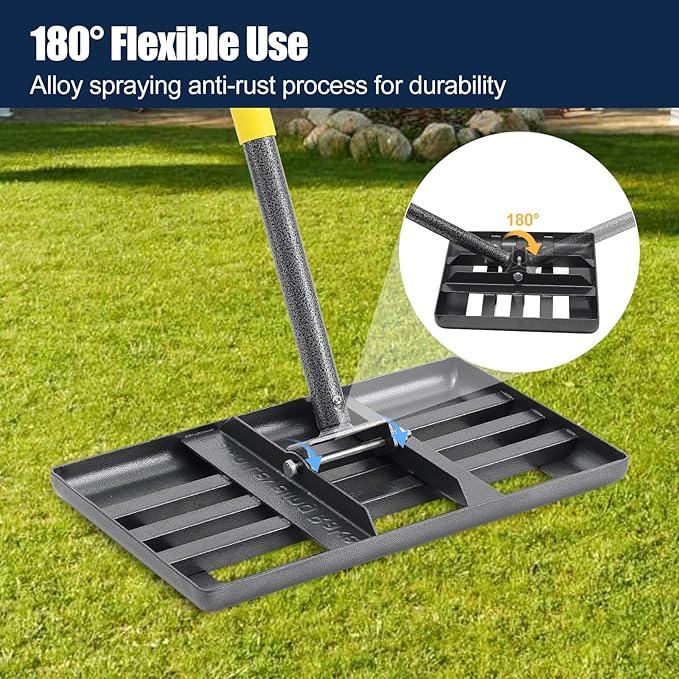 Professional Lawn Leveling Rake with 17x10in Heavy-Duty Stainless Steel Head & 72" Adjustable Handle - Grass Leveling Tool for Quick Soil Grading, Thatch Removal and Yard Maintenance