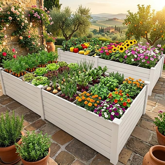 YITAHOME 48x48x24 in Plastic Raised Garden Bed with Growth Grid, Large Outdoor Vinyl Planter Box for Plants, Vegetables, and Flowers, Easy Installation, White