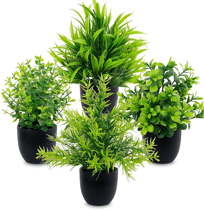 LOYWREE Faux Plants Indoor 4 Pack Small Fake Plants Mini Artificial Plants in Black Pots Potted Greenery for Home Office Table Desk Bathroom Shelf Counter Styling Farmhouse Decor