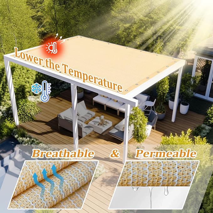 Shade&Beyond Customized Size 90% Sun Shade Cloth with Grommets, 7' X 7' Pergola Shade Cover Canopy, Mesh Tarp Sun Screens for Patio, Outdoor, Garden, Backyard GN01, Wheat