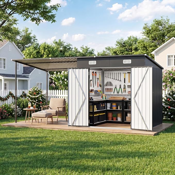 Aoxun 7x6FT Outdoor Storage Shed & Hardtop Canopy Gazebo Combo | 13.3x5.6FT Metal Lean to Shed, 2-in-1 Garden Bike Shed for Patio, Backyard, Deck, Black