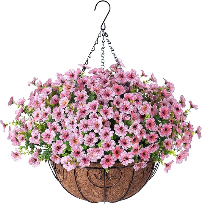 HyeFlora Artificial Fake Hanging Plants Flowers with Basket Outdoor Spring Decor, Faux Silk Pink Daisy in Pot Planter Realistic UV Resistant for Porch Home Indoor Patio Balcony Garden Yard