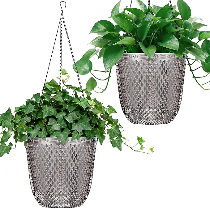 QCQHDU Self Watering Hanging Pots, 2 Pack 5.7 Inch Hanging Planters for Plants Indoor, Flower Pots with Drainage Holes and 3 Hooks Chains for Garden Home (Gray)