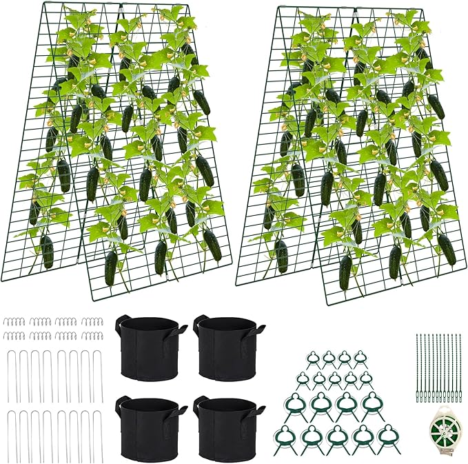 Foldable Cucumber Trellis - 2 Pack, 48" L x 34" W A-Frame Trellis, Climbing Plants Support Raised Bed Trellis with Twist Ties & Plant Bags for Outdoor Yards Gardens