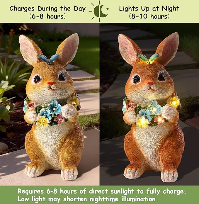 Solar Garden Statues Outdoor Bunny Decorations with Butterfly & Flowers Gifts for Mom, Grandma Spring Decor with 6 LED Night Accent Lights for Patio, Yard & Lawn, Mother Day Christmas Day Figurine