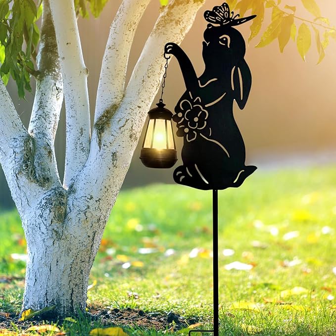 Solar Rabbit Garden Stakes Outdoor Solar Decor Metal Rabbit Holding Solar Lantern Decorative Garden Metal Flower Stakes Outdoor Rabbit Silhouette Stakes