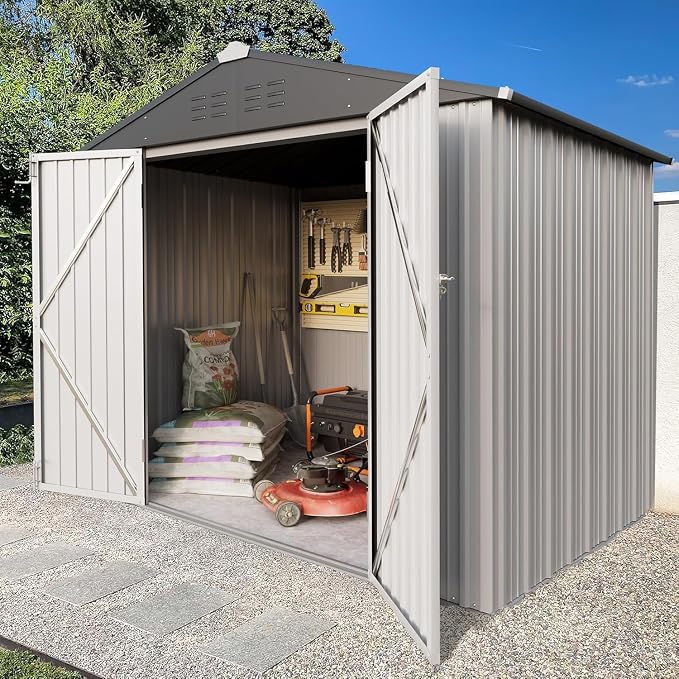 Greesum 6x4FT Outdoor Storage Shed, Utility Tool Shed Metal Storage Garden Shed with Door & Lock for Patio Storage, White