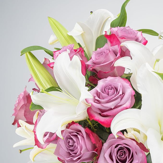 Benchmark Bouquets - Oriental Lilies & Purple Roses - Fresh Flowers for Delivery - Mothers Day Flowers - Mothers Day Gifts for Mom - Gifts for Wife - Long Stem Roses (Glass Vase Included)