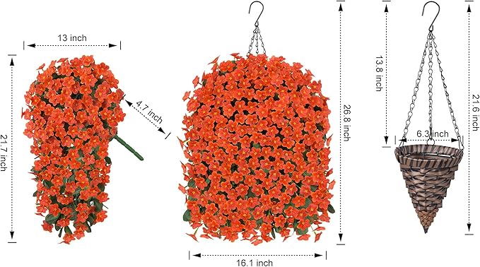 Artificial Fake Hanging Flowers Plants Baskets for Outdoor Outside, Faux Silk Orange Daisy Mums Trailing Vines in Planter Realistic UV Resistant for Balcony Porch Decor