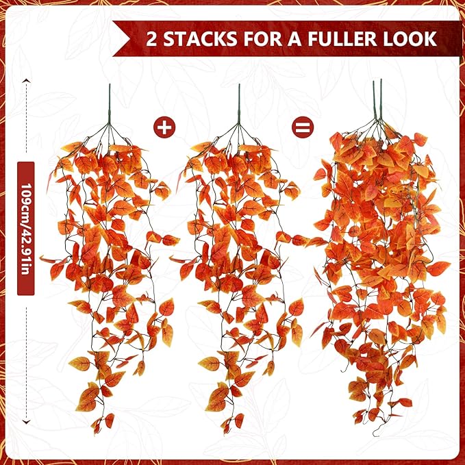 2-Pack Fake Hanging Plants, Faux Hanging Plant Artificial Greenery for Living Room Bedroom Boho Wall Shelf Indoor Outdoor Decor (Orange Pothos Ivy Vines)
