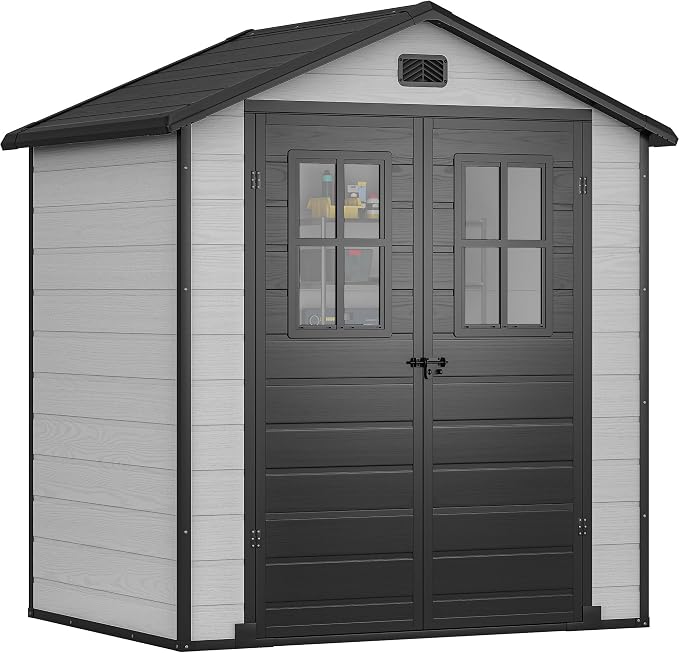 DWVO Outdoor Storage Shed 6x4.4 FT Plastic Garden Tool Shed with 2 Windows, Double-Wall Outside Shed for Lawn Mower, Garden Tool for Backyard, Lawn, Patio