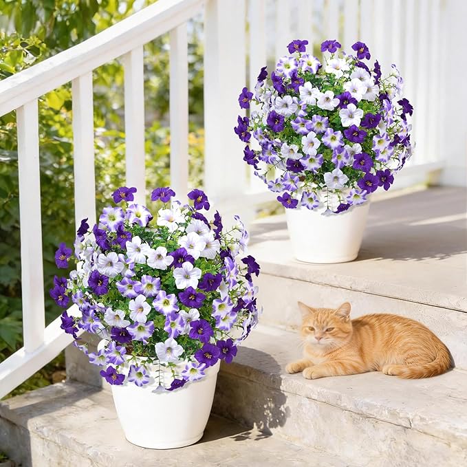 23" Artificial Boxwood Topiary Ball Trees with Petunias Flowers, Set of 2 Faux Outdoor Plants with Ground Spike for Outdoors, UV Resistant Fake Flowers for Outdoor Garden Yard Front Porch Patio Decor