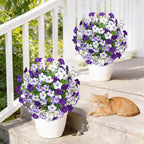 23" Artificial Boxwood Topiary Ball Trees with Petunias Flowers, Set of 2 Faux Outdoor Plants with Ground Spike for Outdoors, UV Resistant Fake Flowers for Outdoor Garden Yard Front Porch Patio Decor