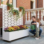 Casaphoria Metal Raised Garden Bed with Trellis and Wheels, 47"x47"x16" Planter Box for Climbing Plants, Vegetables & Vines, Features Drainage Holes and Privacy Screen, White-Brick